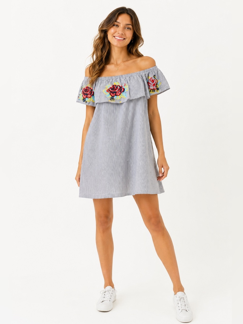 Paper Heart 100% Cotton Embroidered Off Shoulder Striped Dress Large Cottagecore